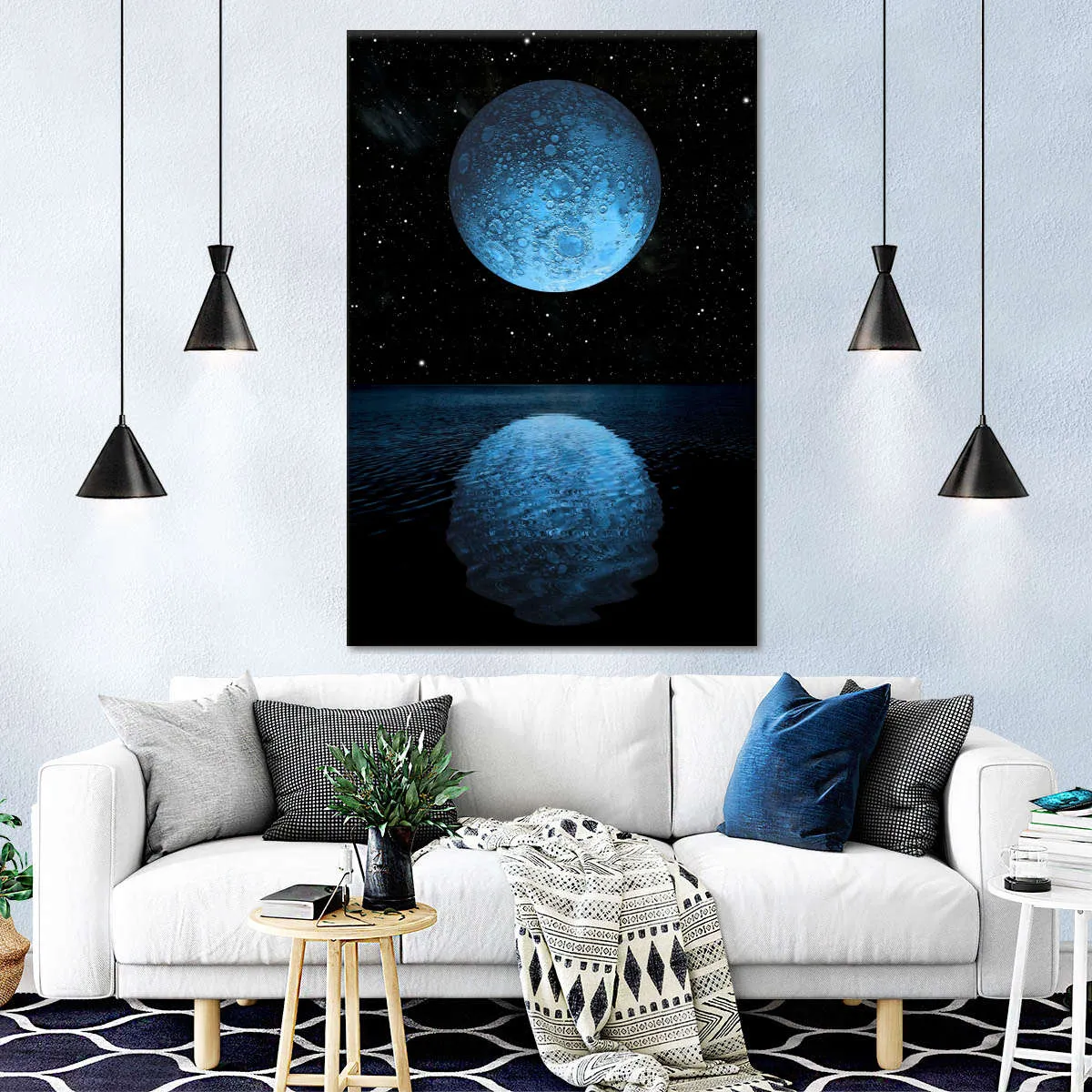 A Blue Moon Rising Over A Calm Ocean Wall Art