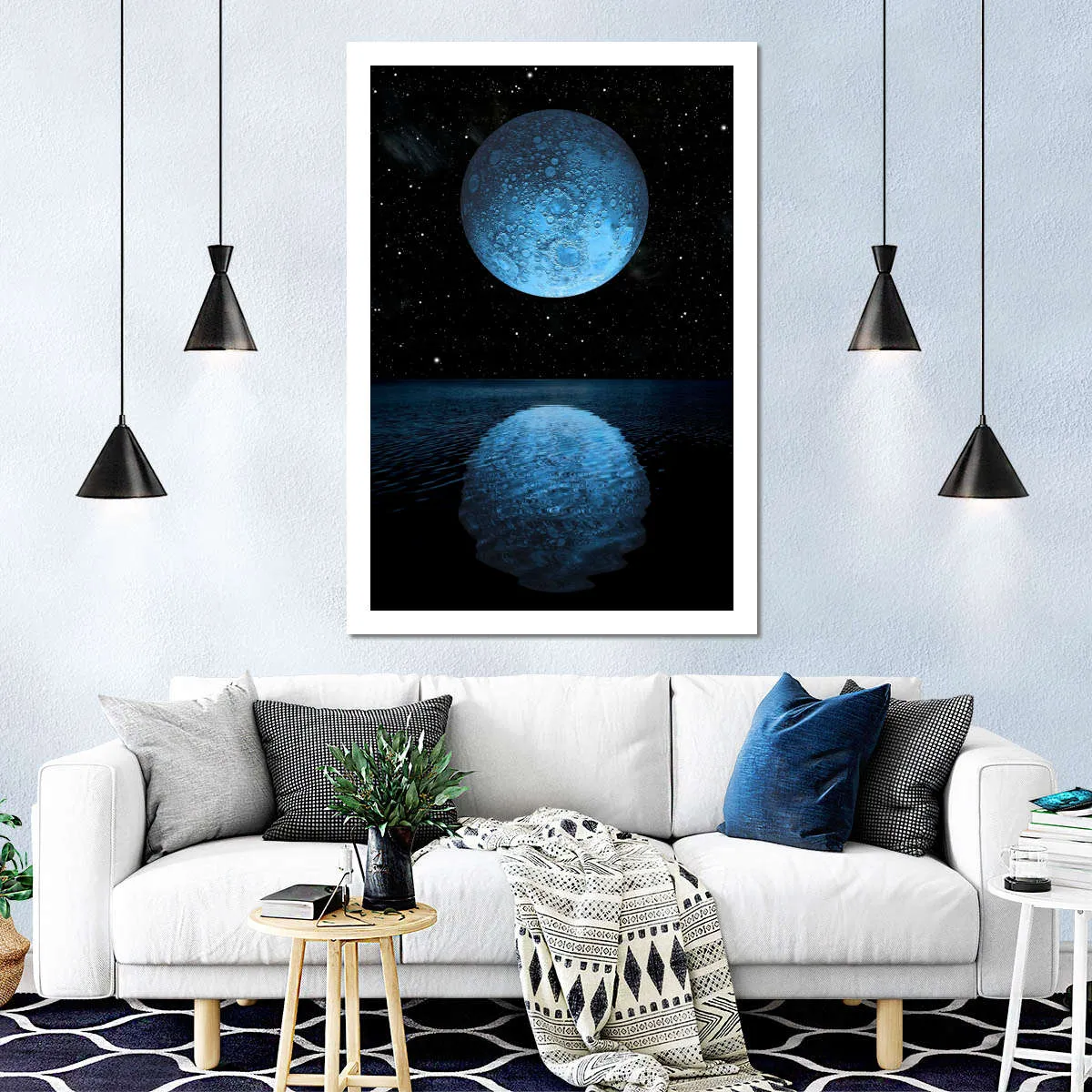 A Blue Moon Rising Over A Calm Ocean Wall Art