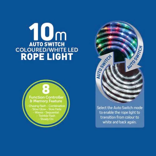 Arlec 10m Multicolour Or Warm White Switch Festive Solar Rope Light / 8 Functions