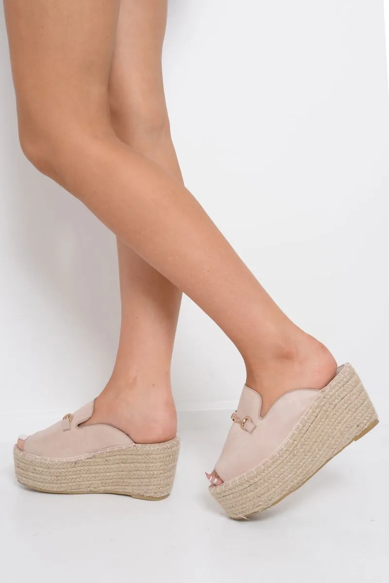 Beige Faux Suede Rope Braid Mule Wedges - Saori