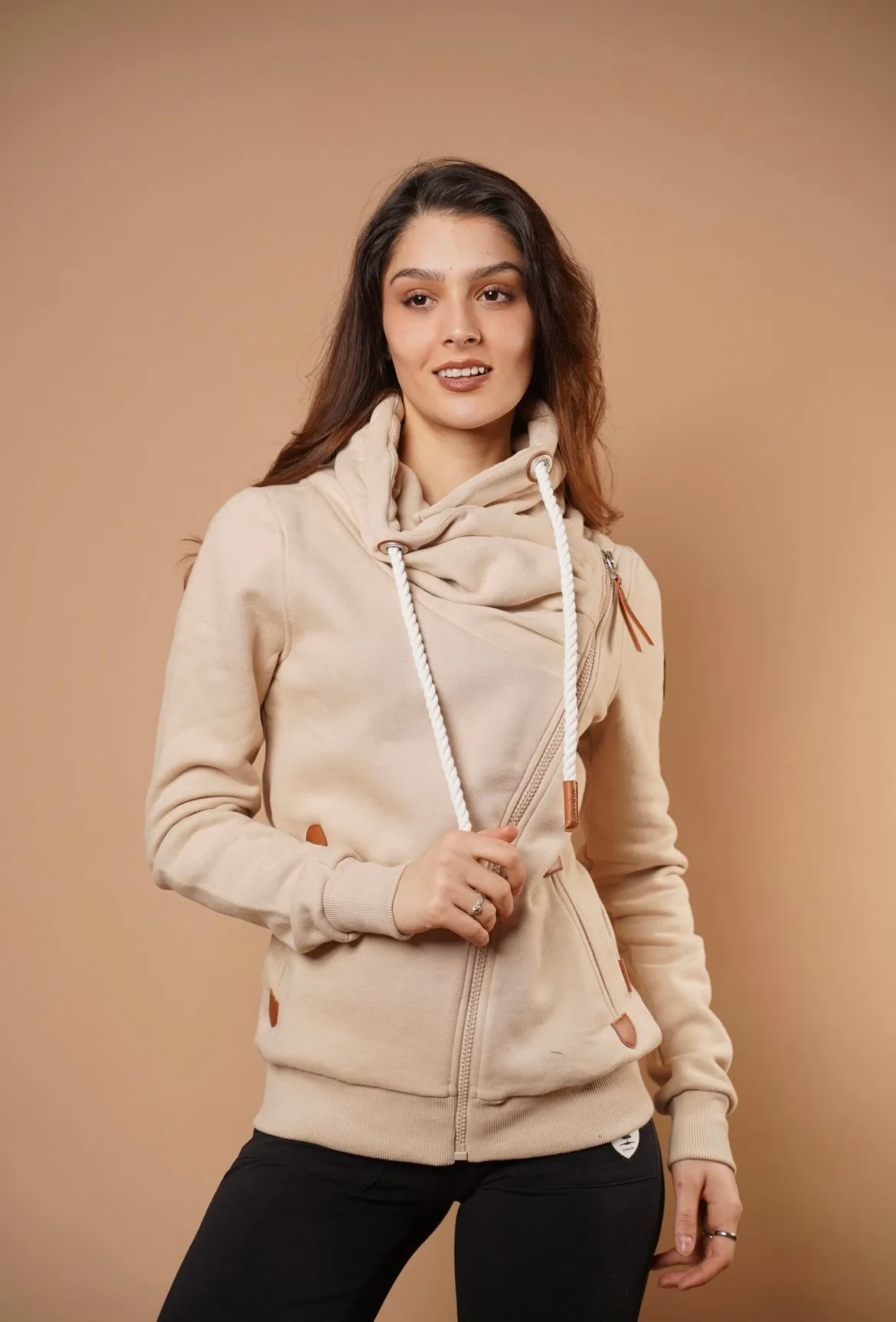 Optimized Title: Hestia Sand Zip Cowl Neck Sweater - Cozy and Stylish Womens Knitwear