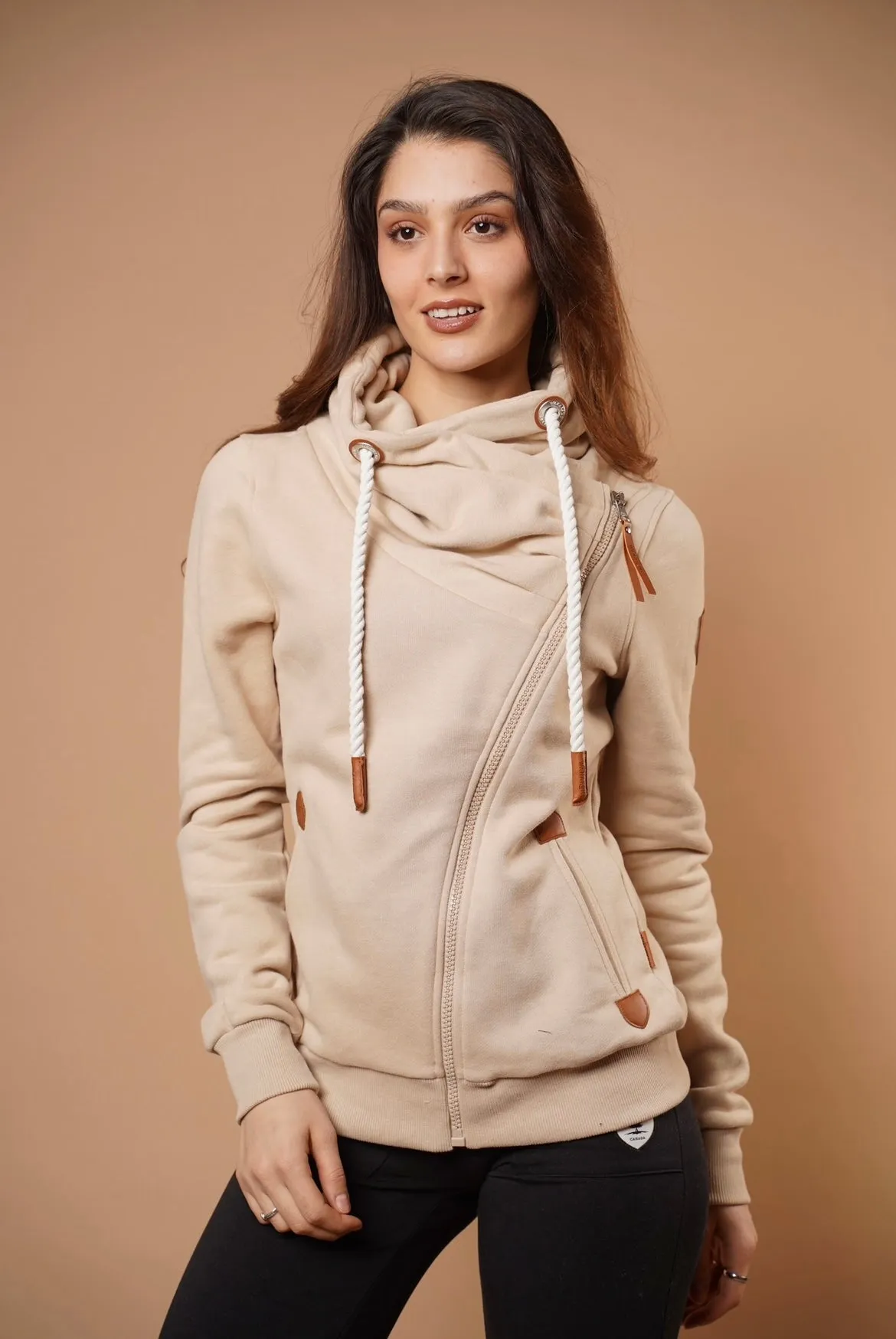 Optimized Title: Hestia Sand Zip Cowl Neck Sweater - Cozy and Stylish Womens Knitwear