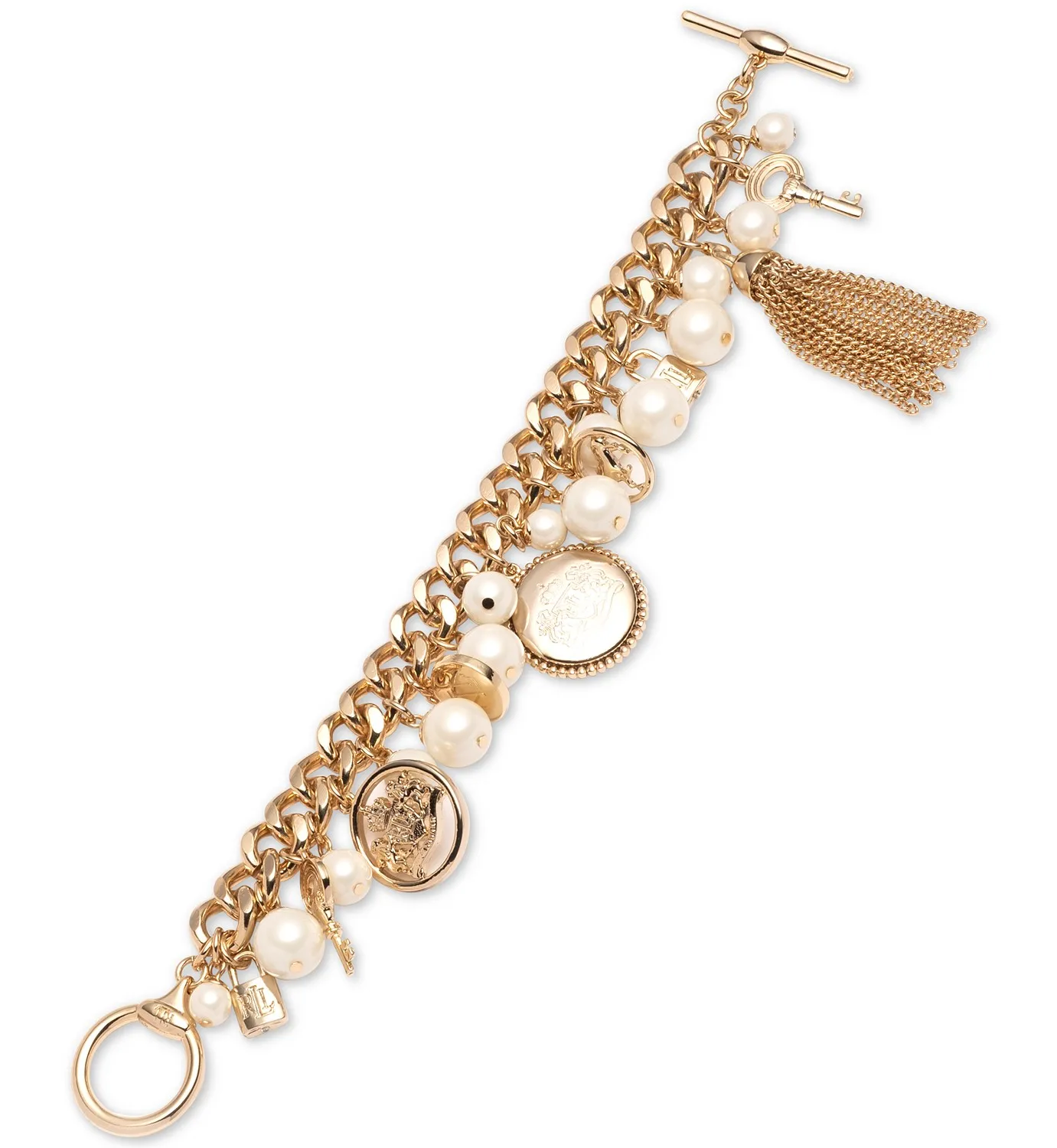 Lauren Ralph Lauren Gold-Tone Imitation Pearl & Chain Tassel Charm Bracelet Polo