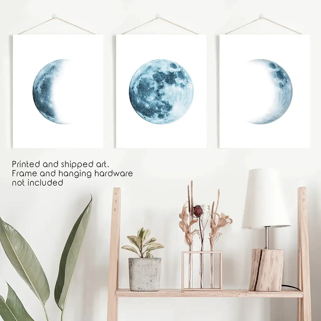 Lunar Phases. Blue Wall Art Set for Boy's Nursery