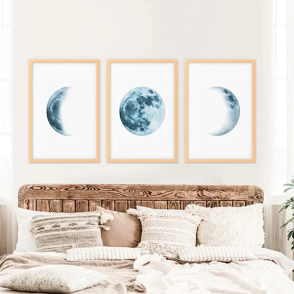 Lunar Phases. Blue Wall Art Set for Boy's Nursery