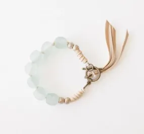 Pale Blue Glass Beads w/ Sand Leather Tassel Bracelet