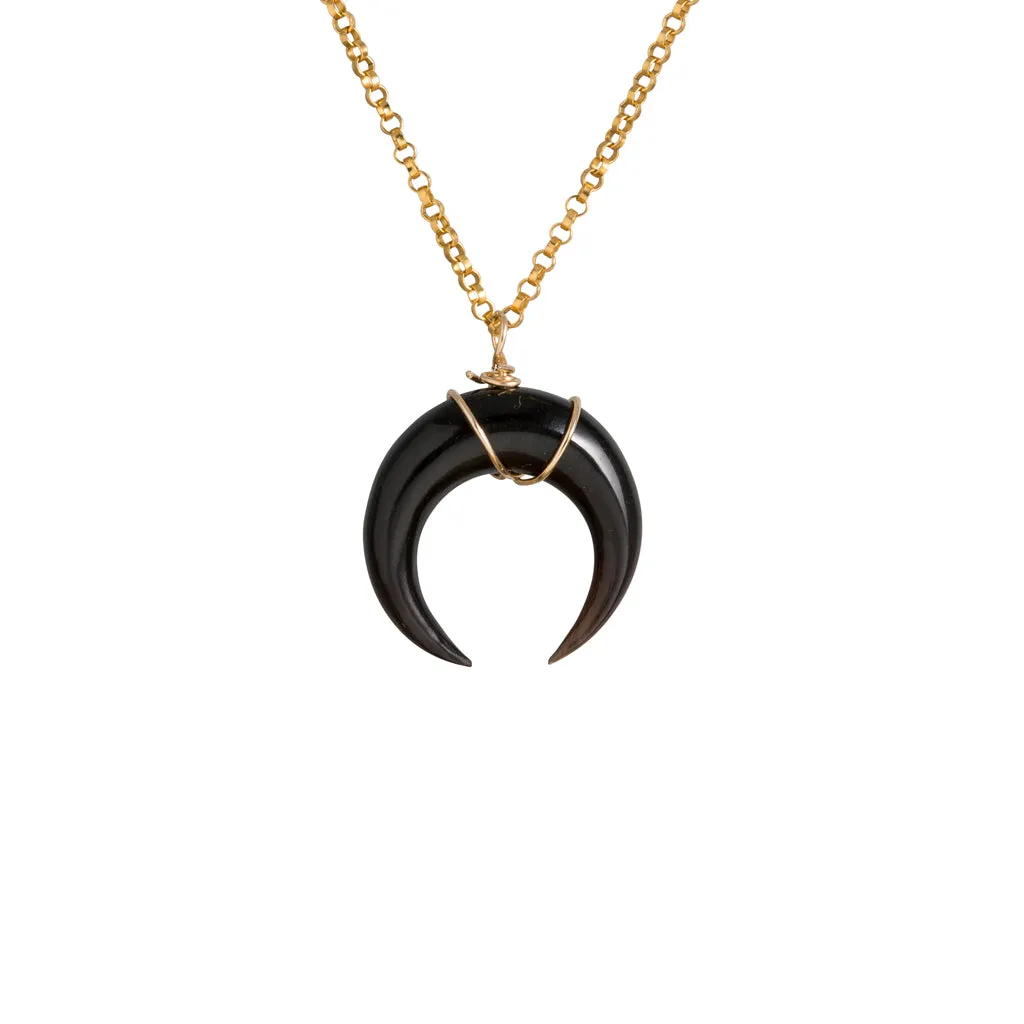 Small Black Crescent Moon Necklace in Gold